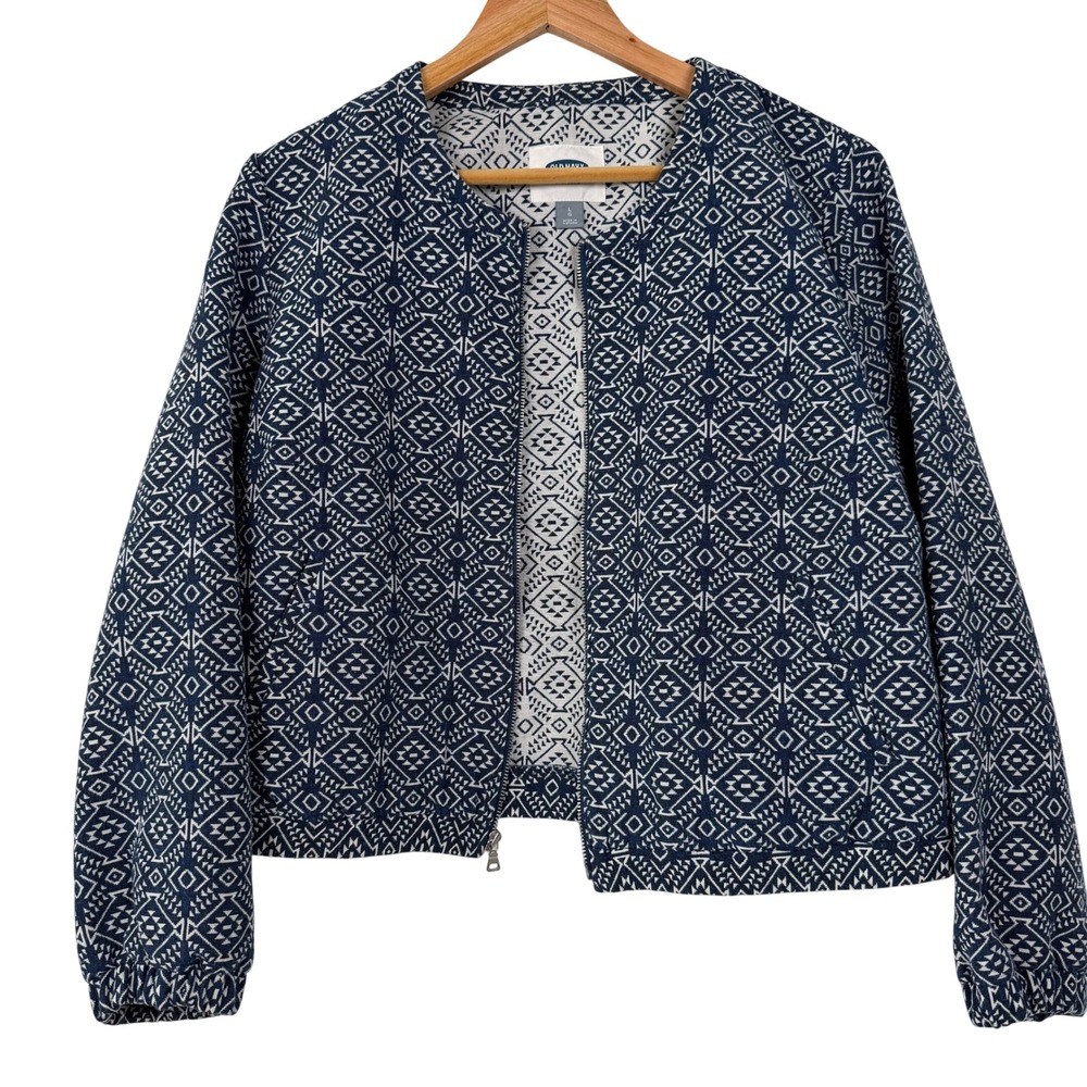 Old Navy Bomber Jacket Womens Large Blue White Geometric Tribal Print Zip‎ Up L